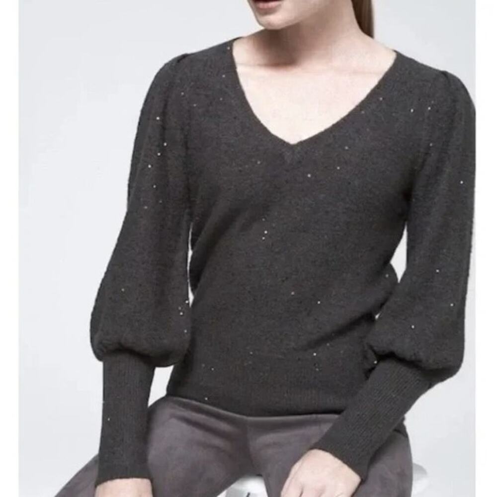 WHBM V-neck Sweater Grey Sz XS Puff Sleeve Sequins Festive Party